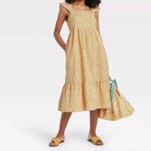 Universal Thread Yellow Floral Ruffle Sleeveless Midi Dress in Size XL